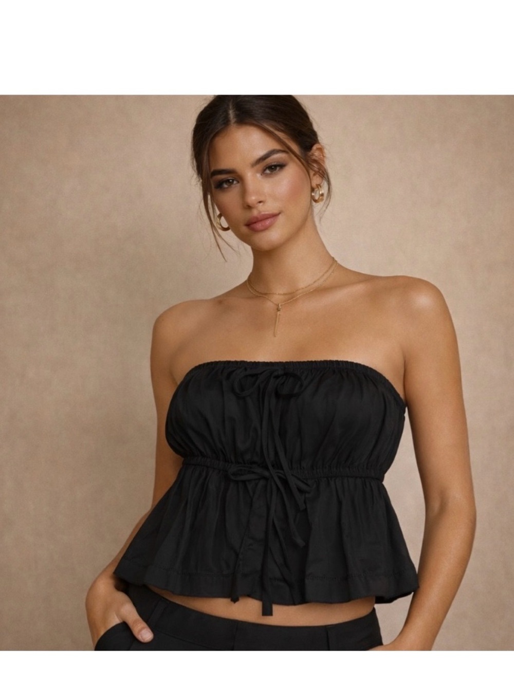 Reformation Black Strapless Drawstring Peplum Crop Top
